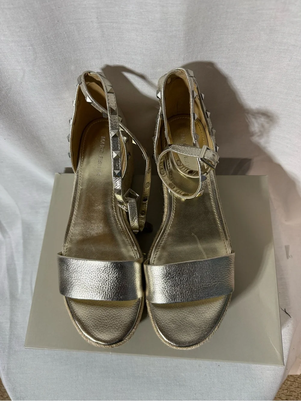 Marc Fisher Metallic Gold Espadrille Wedge Sandals with Studded Ankle Straps 9.5